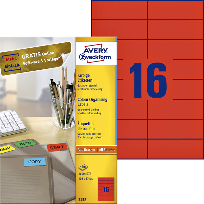 Avery Zweckform - Etikett Zweckform 3452 105x37mm rot 1600 Stück