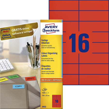 Avery Zweckform - Etikett Zweckform 3452 105x37mm rot 1600 Stück