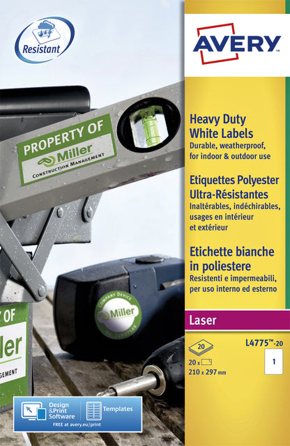 Étiqueter Avery L4775-20 210x297mm Polyester blanc 20 pièces
