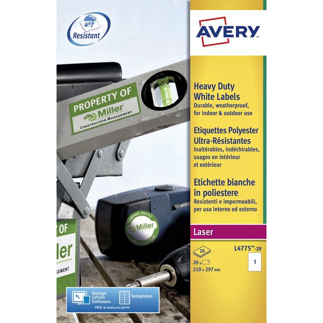 Avery – Etikett L4775-20, 210 x 297 mm, Polyester, weiß, 20 Etiketten