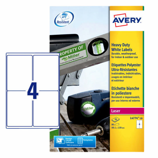 Etikett Avery L4774-20 99.1x139 mm Polyester weiß 80 Stück