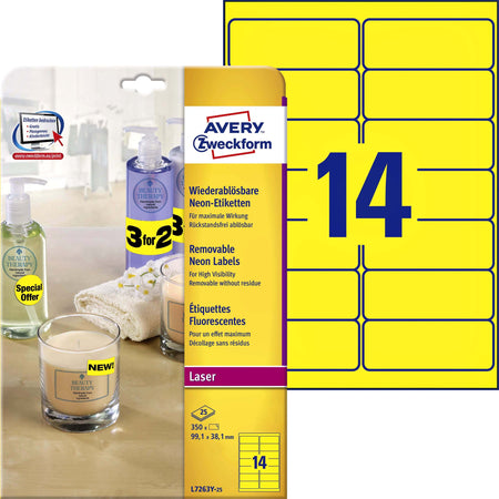 Avery - Etikett L7263Y-100 99,1 x 38,1 mm neongelb 1400 Etiketten
