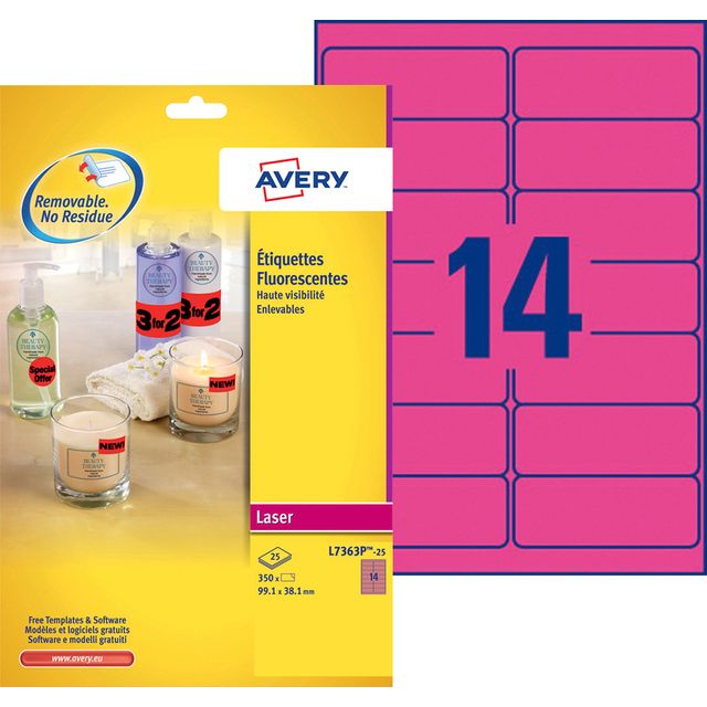 Avery - Etikett L7363P-25 99,1 x 38,1 mm neonpink 340 Etiketten | 5 Stück