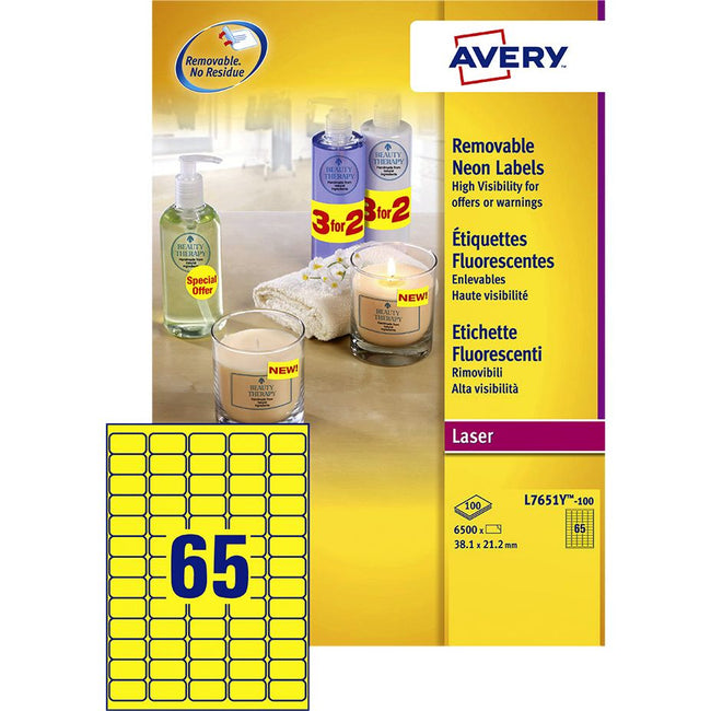 Avery - Etikett L7651Y-100 38,1 x 21,2 mm neongelb 6500 Etiketten