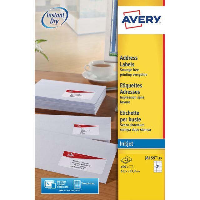 Avery - J8159-25 Adressetiketten ft 63,5 x 33,9 mm (B x H), 600 Etiketten, weiß