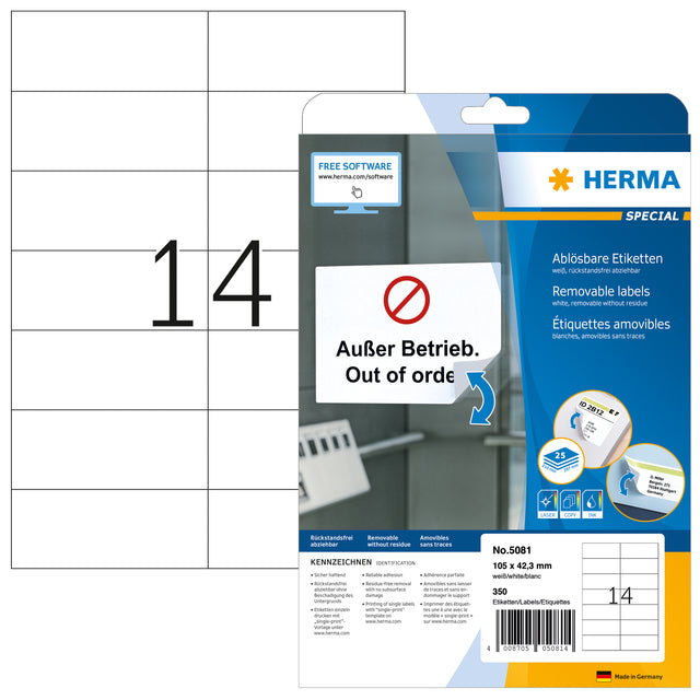 HERMA – Etikett 5081, 105 x 42,3 mm, ablösbar, weiß, 350 Etiketten