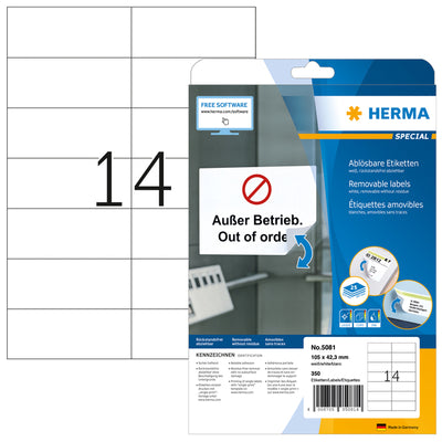HERMA – Etikett 5081, 105 x 42,3 mm, ablösbar, weiß, 350 Etiketten