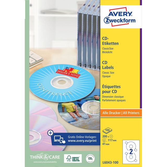 Avery Zweckform - Etikett Zweckform L6043-100 CD weiß 200 Stück