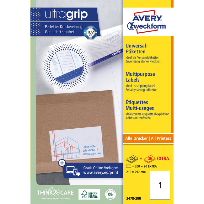 Avery Zweckform - Etiketten Zweckform 3478-200 210x297mm A4 weiß 200 Stück
