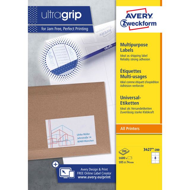 Avery Zweckform - Zweckform 3427, Universal Labels, UltraGrip, Weiß, 200 Blatt, 8 pro Blatt, 105 x 74 mm