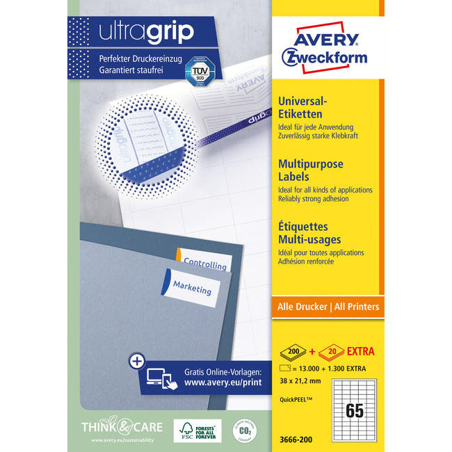 Avery Zweckform - Etikett Zweckform 3666-200 38x21,2mm weiß 13000 Stück