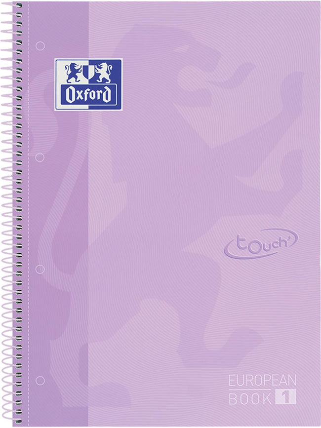 Oxford -  School Touch peanbook spiraalblok, ft A4+, 160 bladzijden, geruit 5 mm, pastel paars