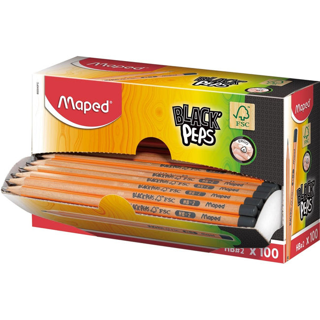 Maped - Black'Peps HB-Bleistift, ohne Radiergummi, Karton-Displaybox mit 100 Stück