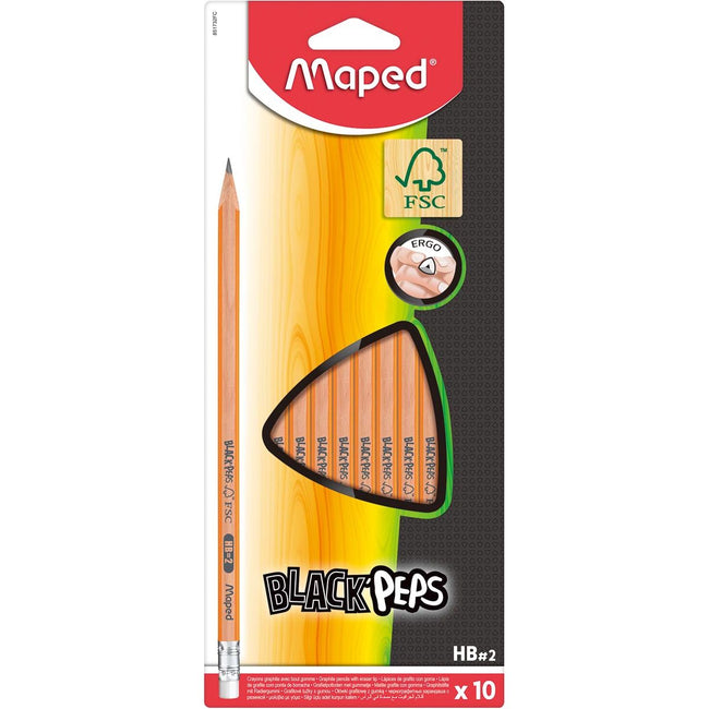 Maped - Black'Peps Bleistift HB, mit Radiergummi, Hängeetui aus Pappe mit 10 Stück