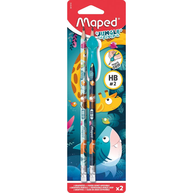 Maped - Graphitstift Jungle Fever HB mit Radiergummi, + Lernhilfe, Blister mit 2 Stück, sortiert