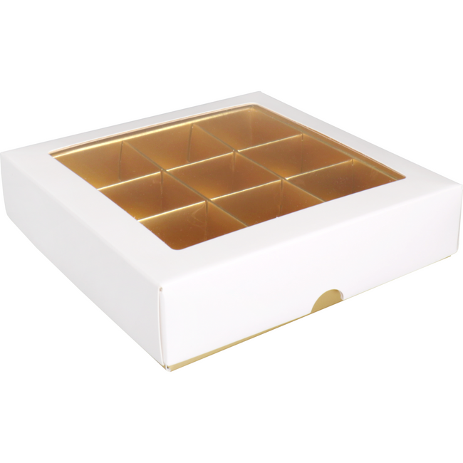 Klika -  Bonbondoosje, karton + PP, 9-vaks, 105x105x30mm, wit/goud, 25 stuks