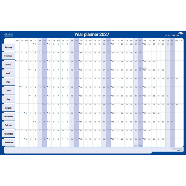 Legamaster -  Jaarplanner 2027 90x60cm horizontaal gelamineerd en oprol..