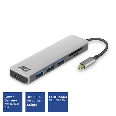 ACT -   USB-C hub 3.0, 3x USB-A, cardreader, PD pass-through