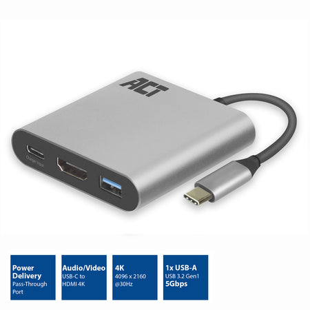 ACT -   USB-C multiport adapter voor 1 HDMI monitor, 1x USB-A, PD pass-through