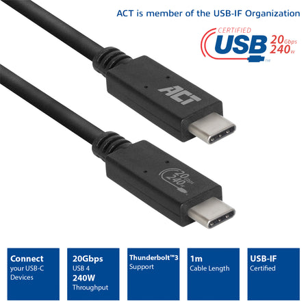 ACT -   USB4® 20Gbps kabel, USB-C, USB-IF gecertificeerd, 1 meter