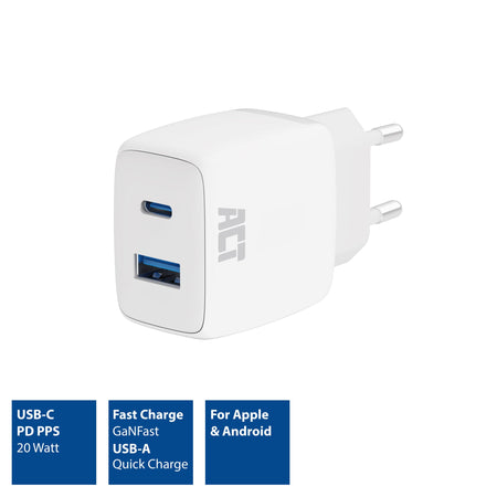 ACT -   USB-C USB-A lader 20W met Power Delivery PPS, Quick Charge, GaNFast
