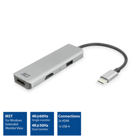 ACT -   USB-C 4K multiport adapter voor 2 HDMI schermen, USB-A daoort