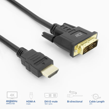 ACT -  Kabel  hdmi dvi 18+1 pin m/m zwart 2 meter