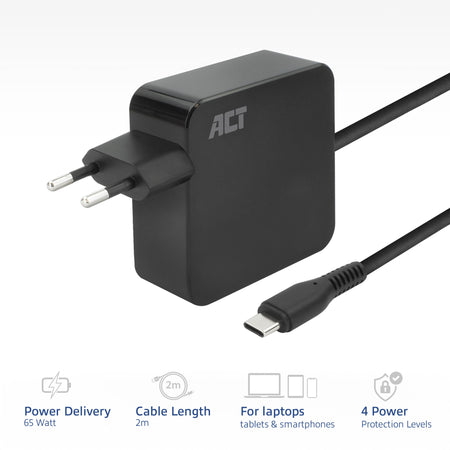 ACT -   USB-C laptoplader 65W met Power Delivery-profielen, 2 meter