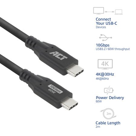 ACT -   USB 3.0 10Gbps 60W USB Type-C kabel, 2 meter