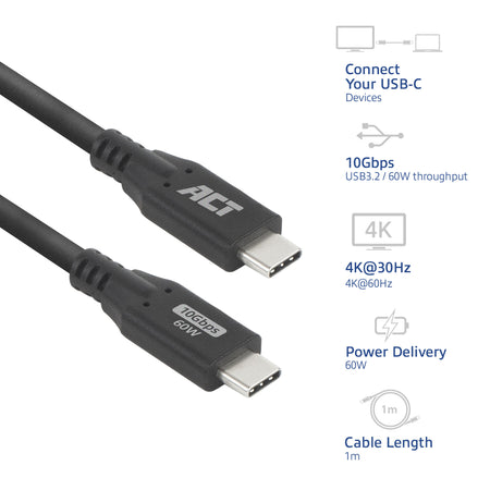 ACT -   USB 3.0 10Gbps 60W USB Type-C kabel, 1 meter