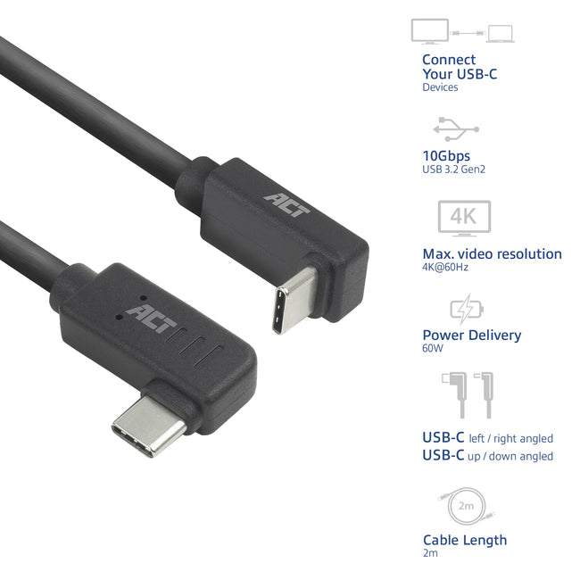 ACT -  Kabel  usb-c hoek links/rechts 10gbps 2m