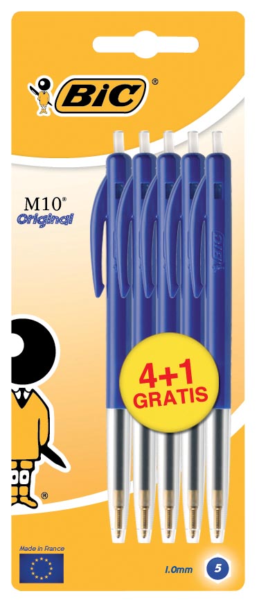 Bic - Kugelschreiber M10 Clic, Schreibbreite 0,4 mm, mittlere Spitze, blau, Blister 4 + 1 gratis