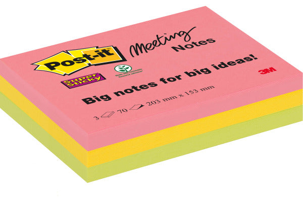 Post-it – Super Sticky Meeting-Notizen, 70 Blatt, 203 x 153 mm, verschiedene Farben, Packung mit 3 Blöcken