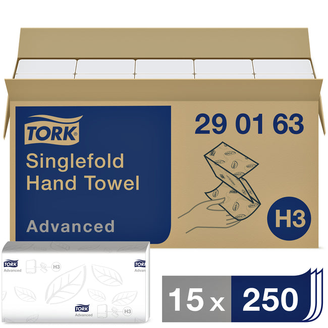 Tork – Handtuch H3 Advanced, einlagig, 2-lagig, 248 x 230 mm, 15 x 250 Blatt, weiß, 290163