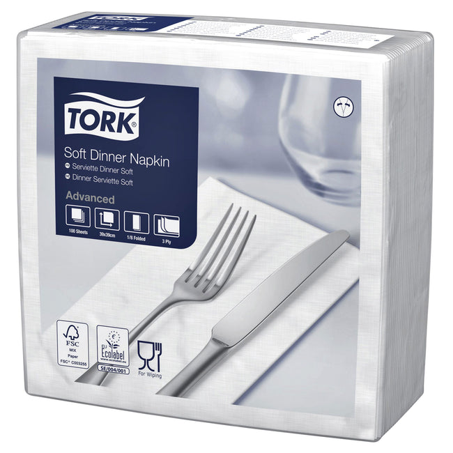 Tork – Dinner-Serviette Advanced 1/8 Falz 3-lagig 395 x 390 mm 100 Blatt weiß 477579