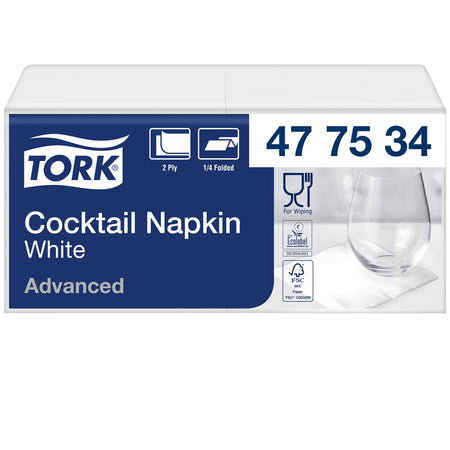 Tork - Cocktailserviette Advanced 1/4 Falz 2-lagig 238x238mm 200 Blatt weiß 477534 | 12 Stück