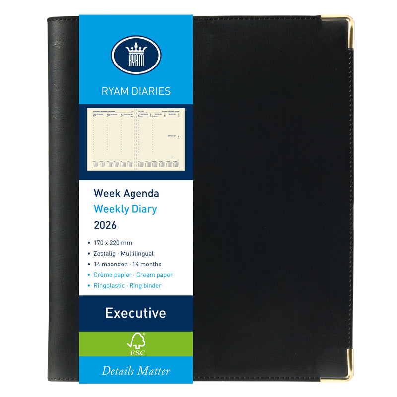 Ryam - Agenda 2026 Executive Nappa 7 Tage/2 Seiten Ring Kunststoff schwarz