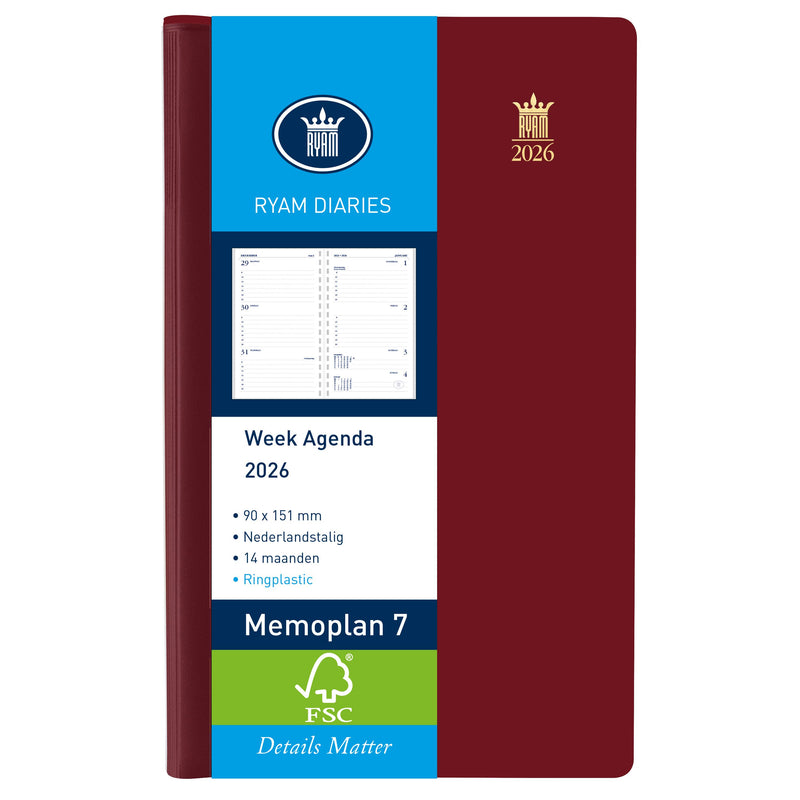 Ryam - Agenda 2026 Memoplan 7 Suprema Ringplasic 7 Tage/2 Seiten Burgunderrot