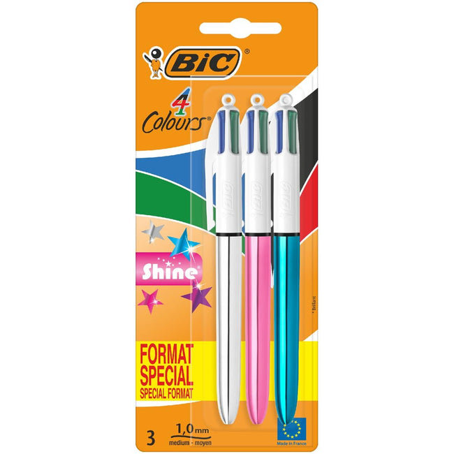 Bic – Colors Shine 4-Farben-Kugelschreiber, mittel, klassische Schreibfarben, Blister mit 3 Stück