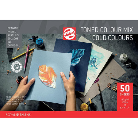Talens – farbiges Zeichenpapier, 180 g, ft 21 x 29,7 cm, A4, verschiedene kalte Farben, Block mit 50 Blatt