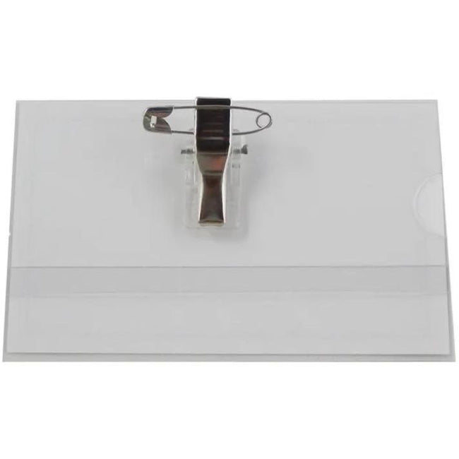 Ohne Marke - Abzeichen mit Kombiklemme, Fuß 58 x 90 mm, Karton mit 100 Stück, inklusive Etiketten