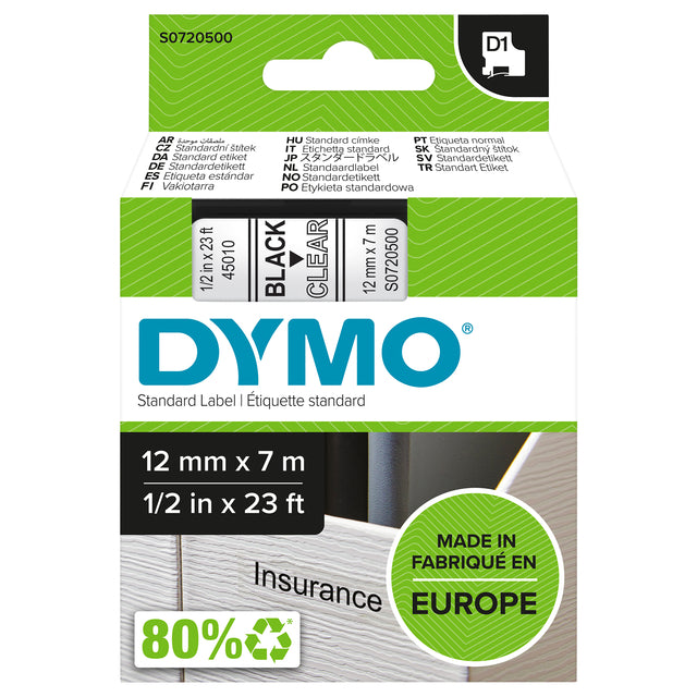 Dymo - Labele LabelManager D1 Polyester 12 mm schwarz auf transparent | 5 Stück