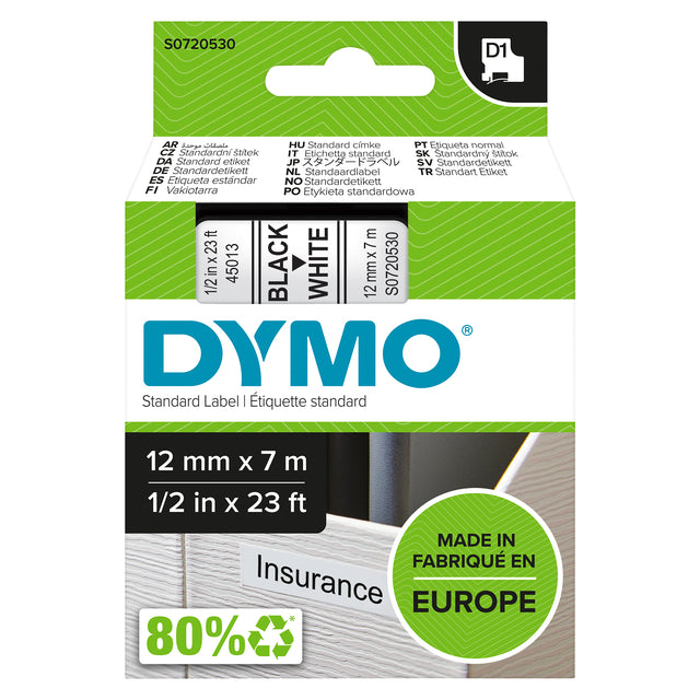 Dymo - Etikett Dymo 45013 D1 12mmx7m Weiß/Schwarz | 1 Stück | 5 Stücke