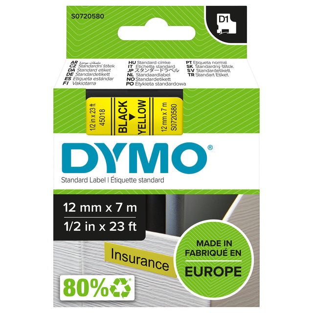 Dymo - Etikett Dymo Label Manager D1 Polyester 12mm Gelb | 1 Stück | 5 Stücke