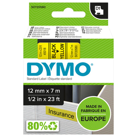 Dymo - Labele LabelManager D1 Polyester 12 mm schwarz auf gelb | 5 Stück
