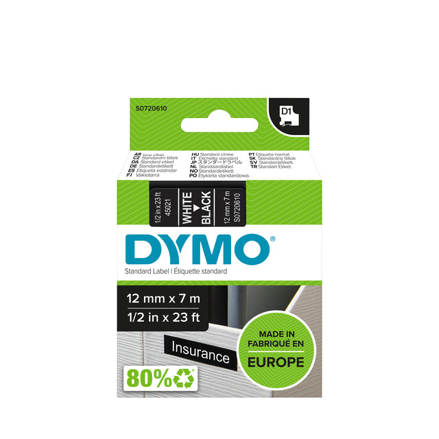 Dymo - Etikett Dymo 45021 D1 12mmx7m schwarz/weiß | 1 Stück | 5 Stücke