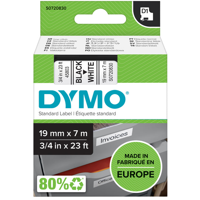 Dymo - Etikett Dymo 45803 D1 19mmx7m Weiß/Schwarz | 1 Stück | 5 Stücke