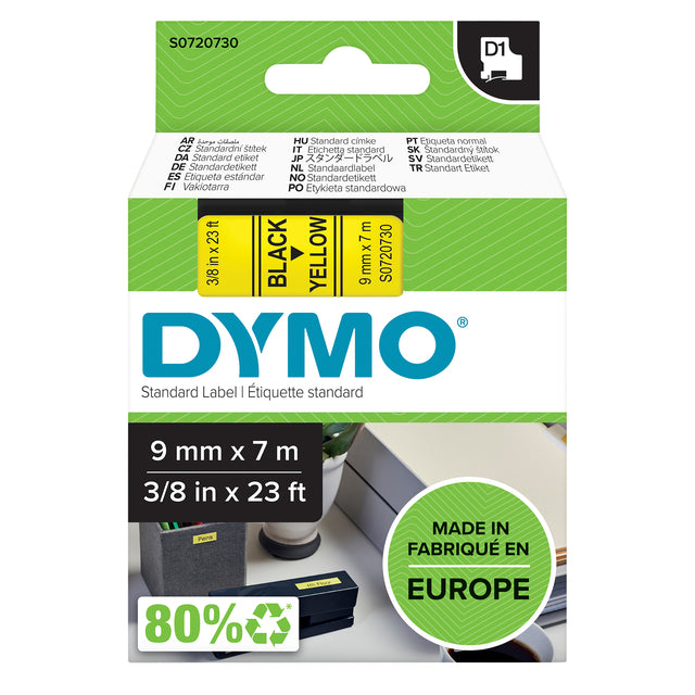 Dymo - Labele LabelManager D1 Polyester 9 mm schwarz auf gelb | 5 Stück