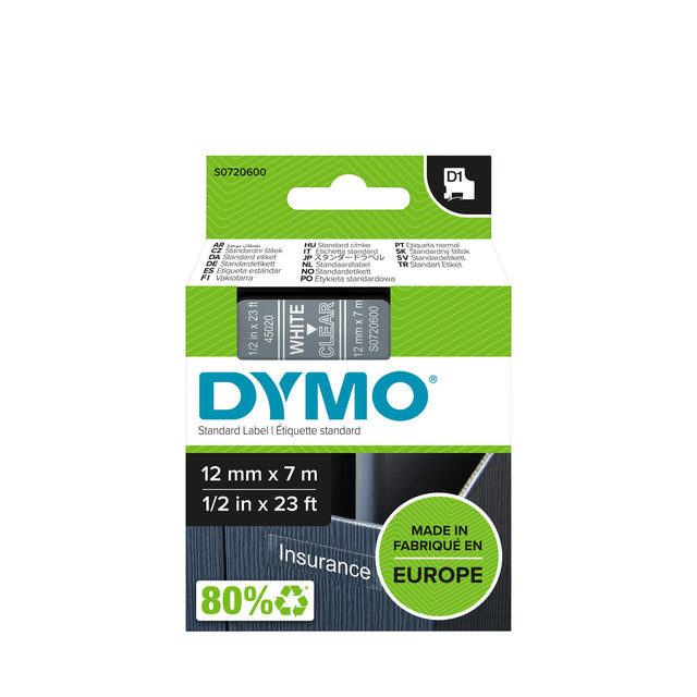 Dymo - Labele LabelManager D1 Polyester 12 mm weiß auf transparent | 5 Stück