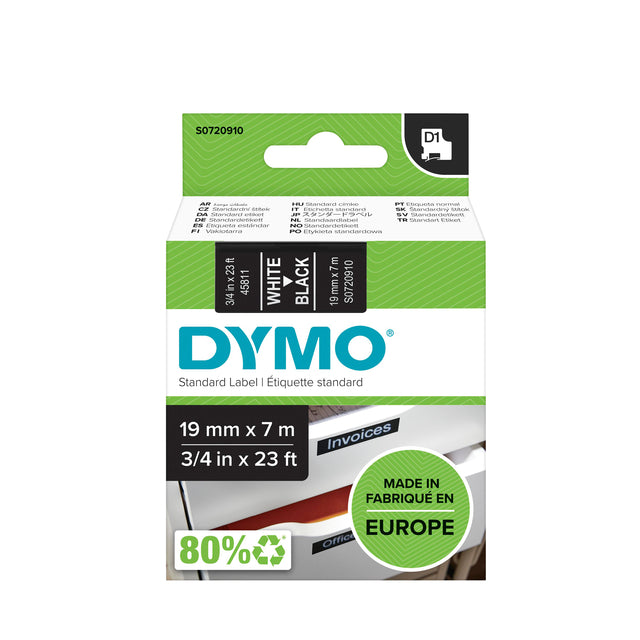 Etikett Tape Dymo 45811 D1 720910 19mmx7m weiß auf schwarz | 5 Stücke